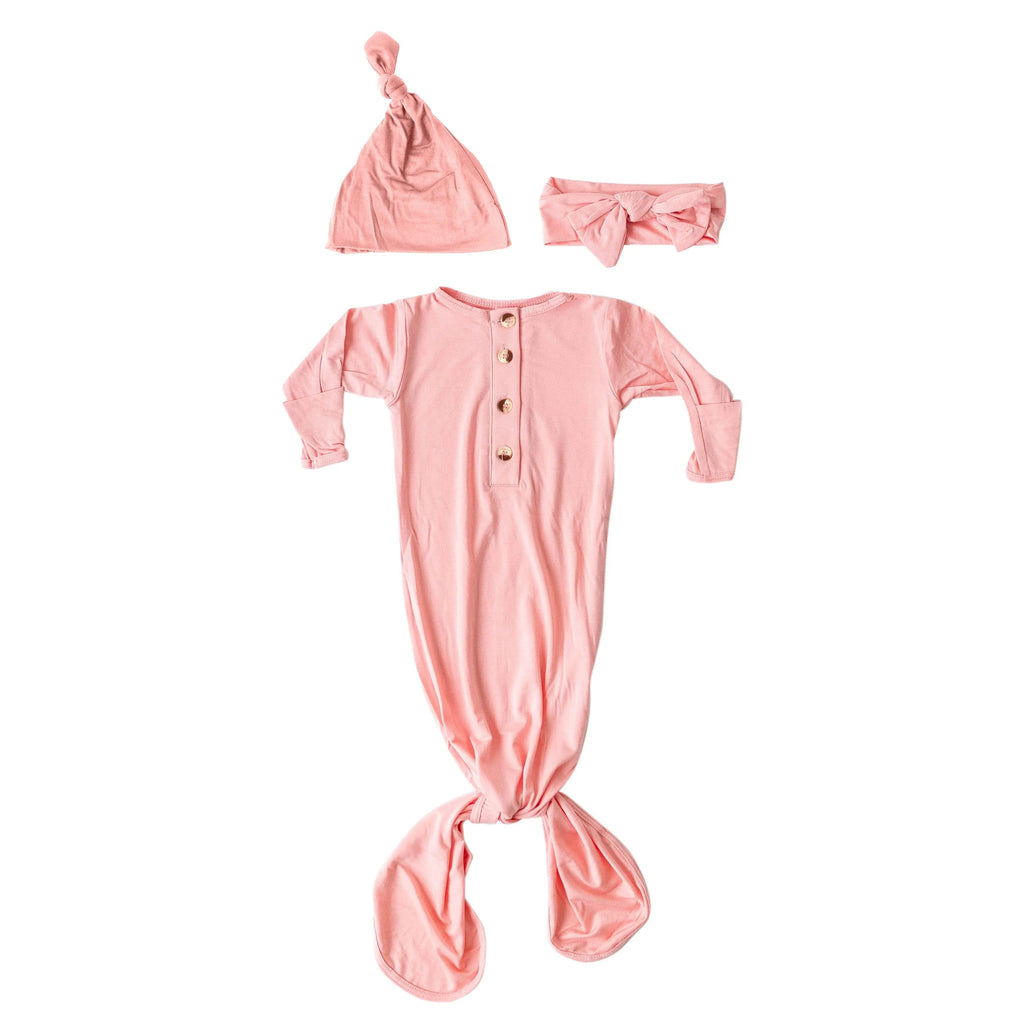 Newborn Knotted Baby Gown and Hat Set with Headband - Pink in - Newborn Knotted Baby Gown Sets photo