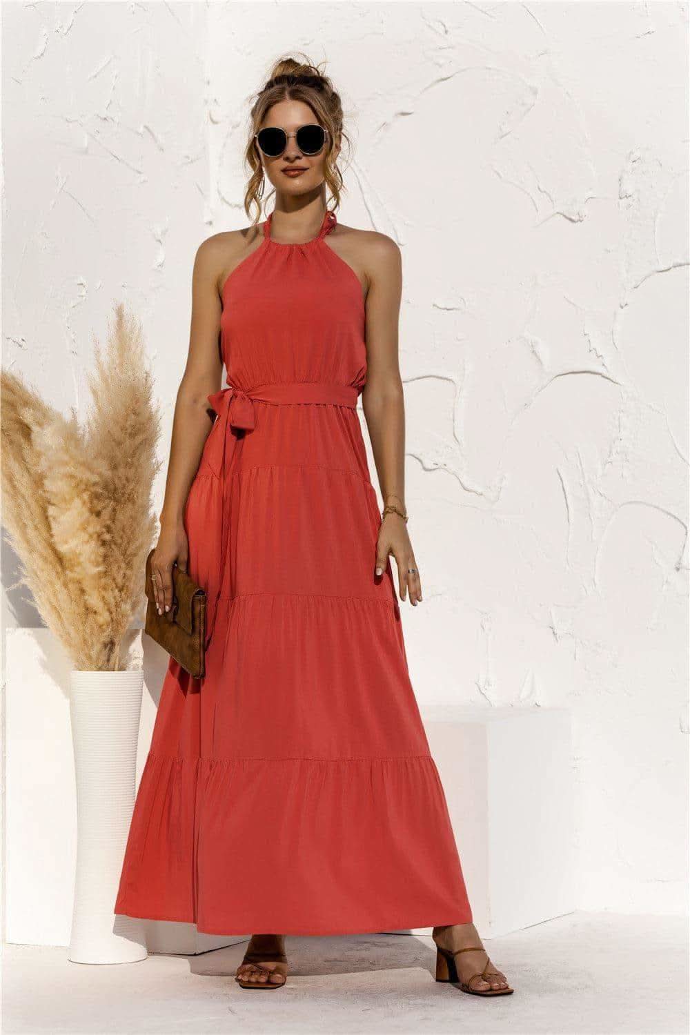 Halter Neck Tie Waist Tiered Maxi Dress in Orange - Dresses photo