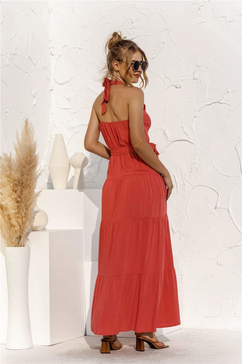 Halter Neck Tie Waist Tiered Maxi Dress in - Dresses photo