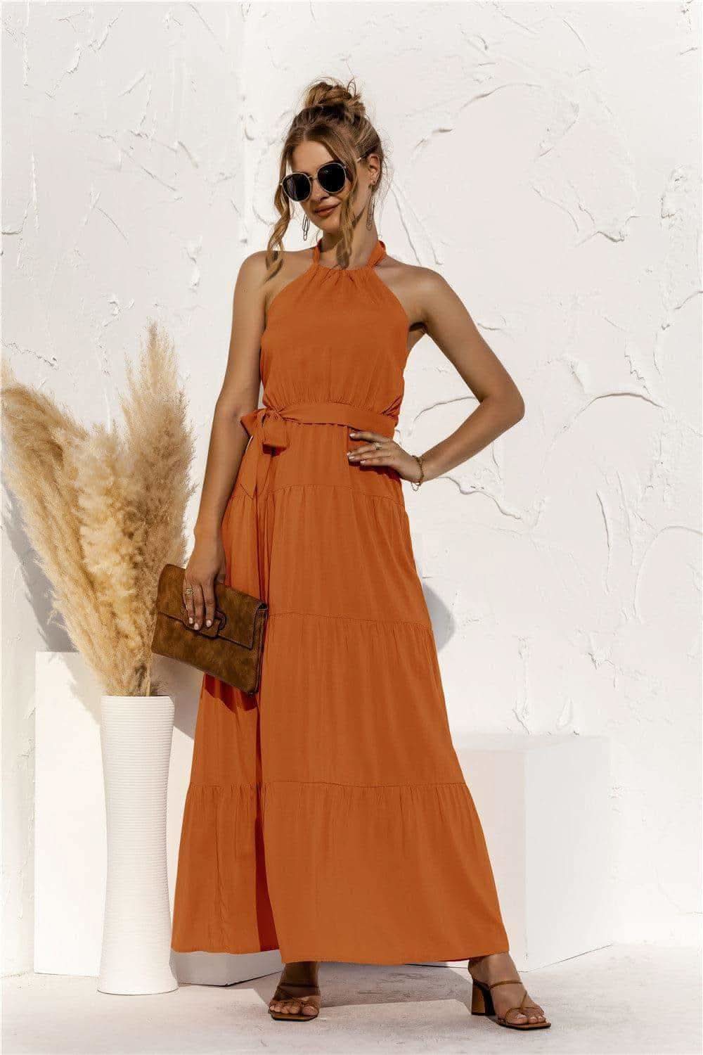 Halter Neck Tie Waist Tiered Maxi Dress in Terracotta - Dresses photo