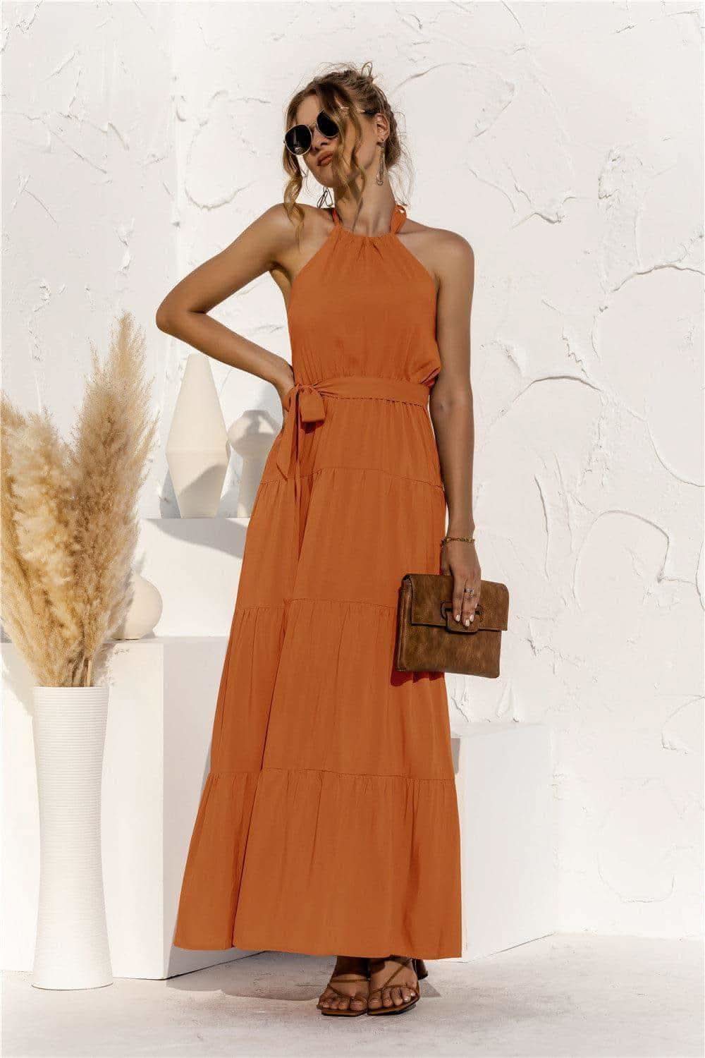 Halter Neck Tie Waist Tiered Maxi Dress in - Dresses photo