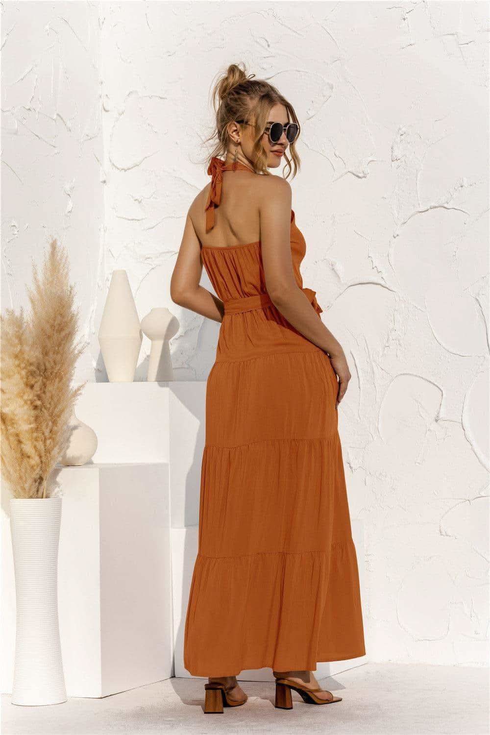 Halter Neck Tie Waist Tiered Maxi Dress in - Dresses photo
