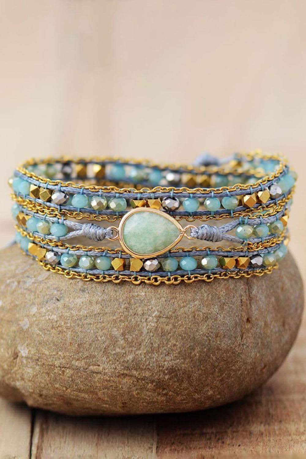 Handmade Teardrop Shape Triple Layer Beaded Bracelet in Mint Blue One Size - Bracelets photo