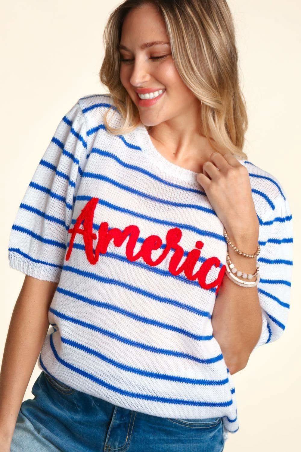 Haptics Letter Embroidery Striped Knit Top - SwagglyLife Home & Fashion