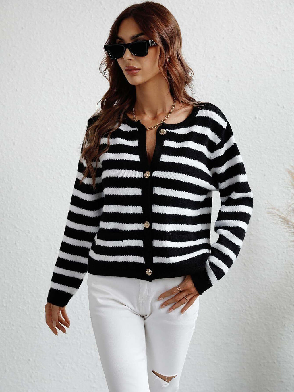 Striped Button Front Cardigan - SwagglyLife Home & Fashion