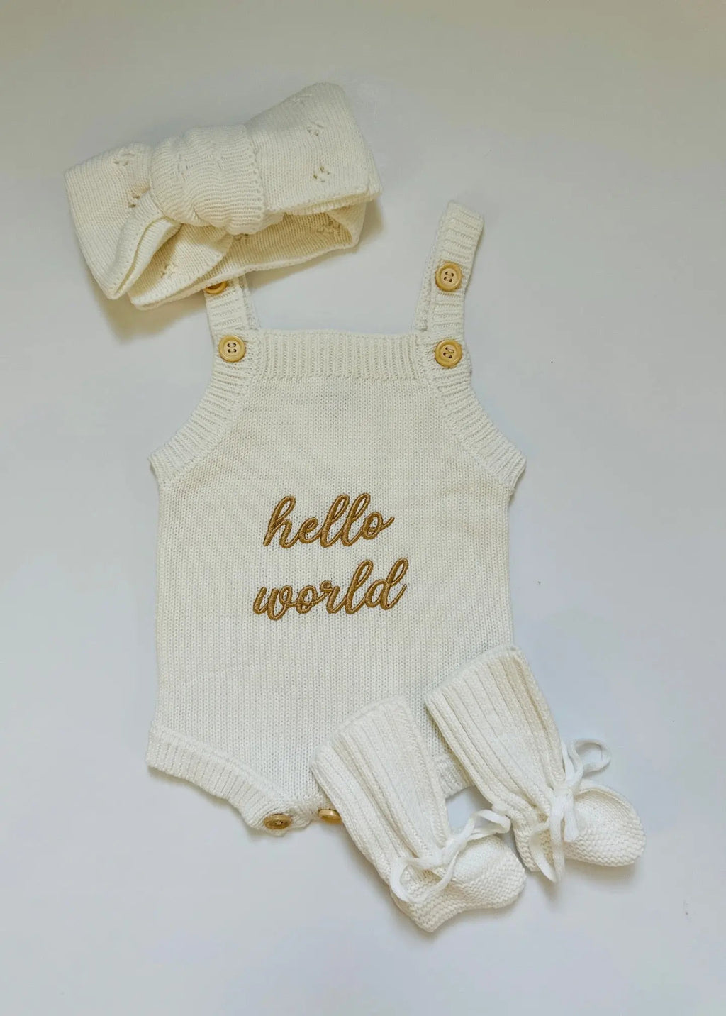 Newborn Knit Romper Set – Hello World, LITTLE SISTER and LITTLE BROTHER Embroidered Baby Outfit with Hat & Booties or Headband | Soft Coming Home Outfit in - Kids clothes photo