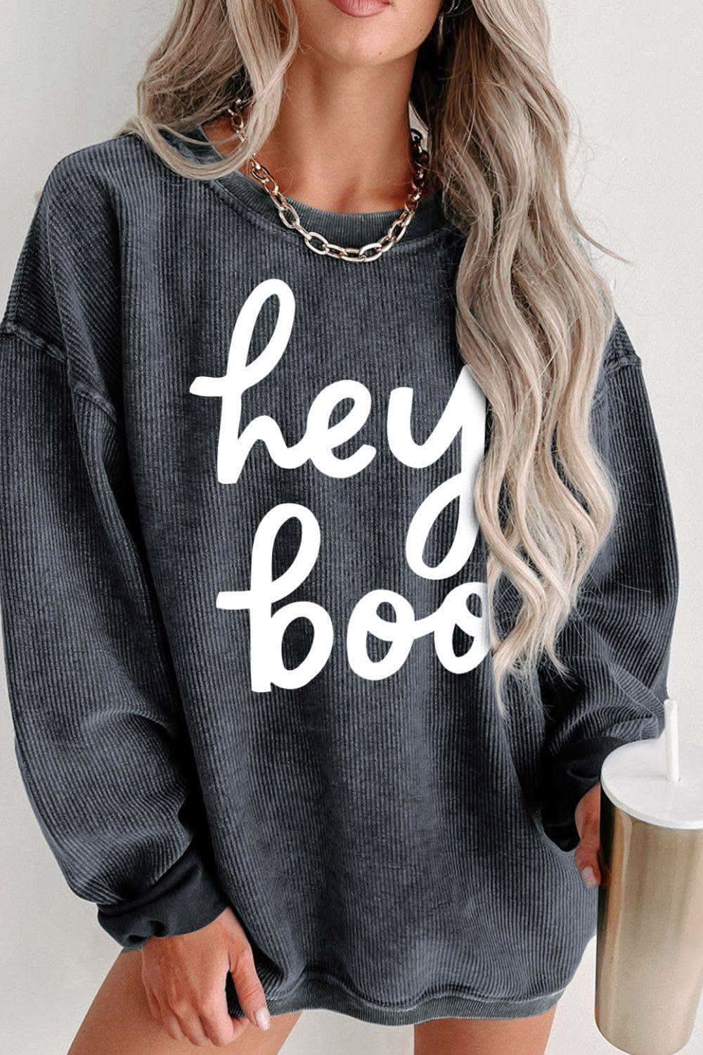 Hey Boo Round Neck Letter Graphic Sweatshirt - SwagglyLife Home & Fashion