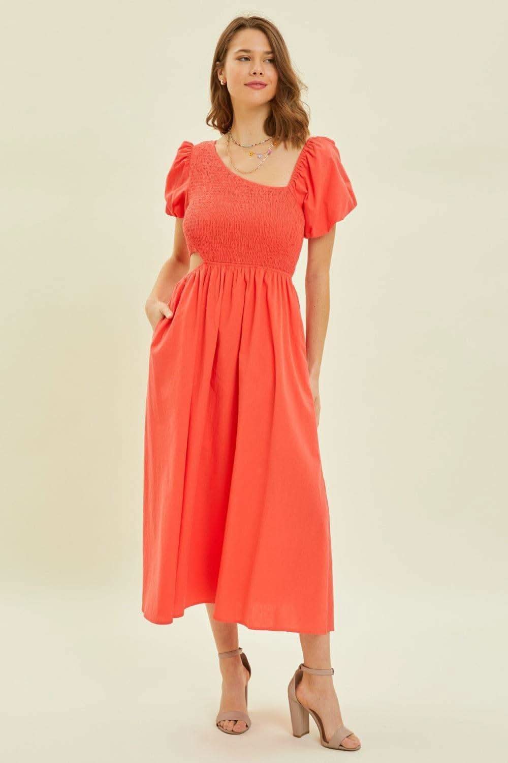 HEYSON Smocked Cutout Midi Dress in - Dresses photo