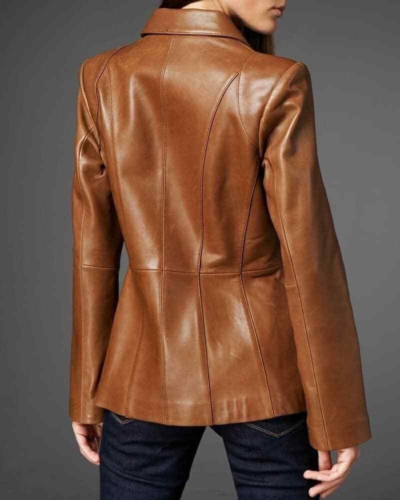 Brown 100% Real Leather Korean Style Slim Fit Women's Blazer - SwagglyLife Home & Fashion