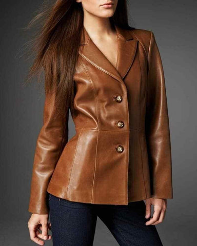 Brown 100% Real Leather Korean Style Slim Fit Women's Blazer - SwagglyLife Home & Fashion Brown 100% Real Leather Korean Style Slim Fit Women's Blazer - SwagglyLife Home & Fashion