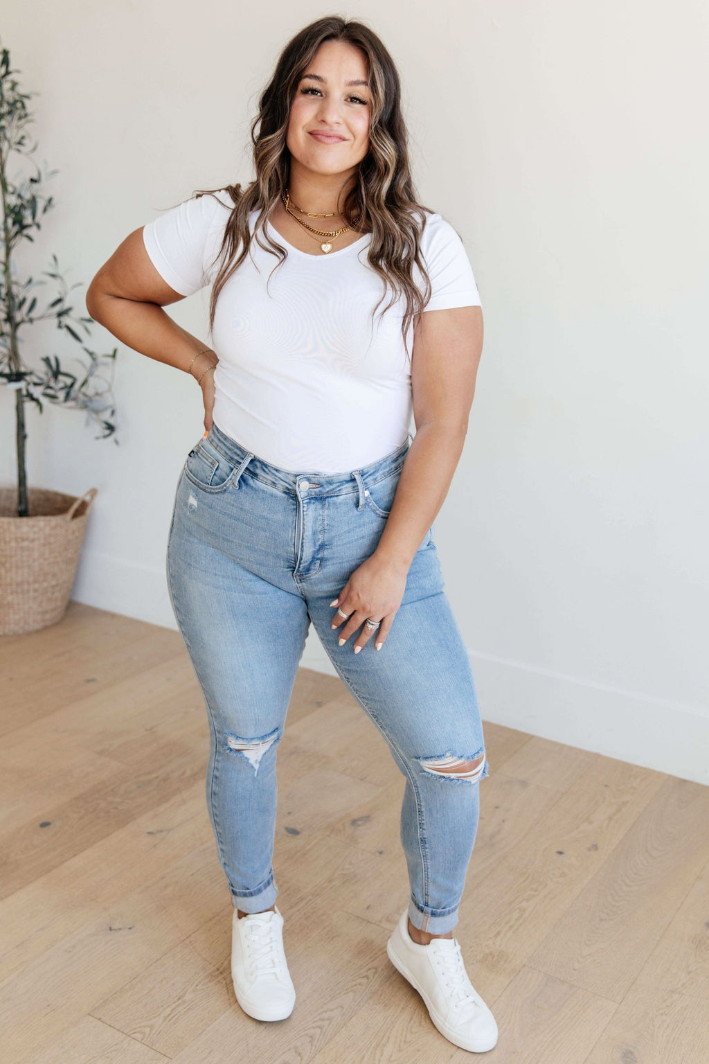 Judy Blue Eloise Mid Rise Control Top Distressed Skinny Jeans in - Pants photo
