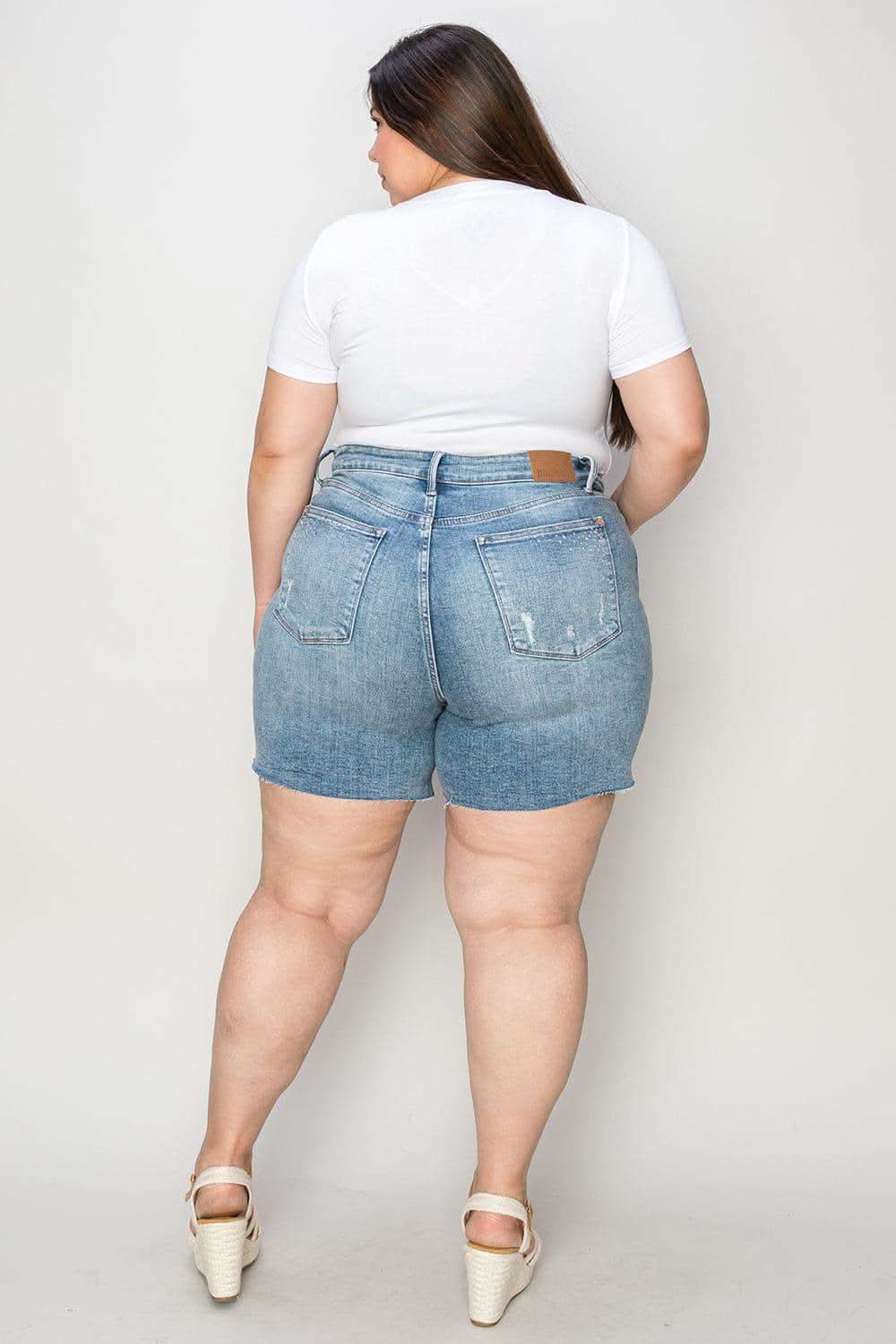 Judy Blue Full Size High Waist Raw Hem Denim Shorts in - Shorts photo