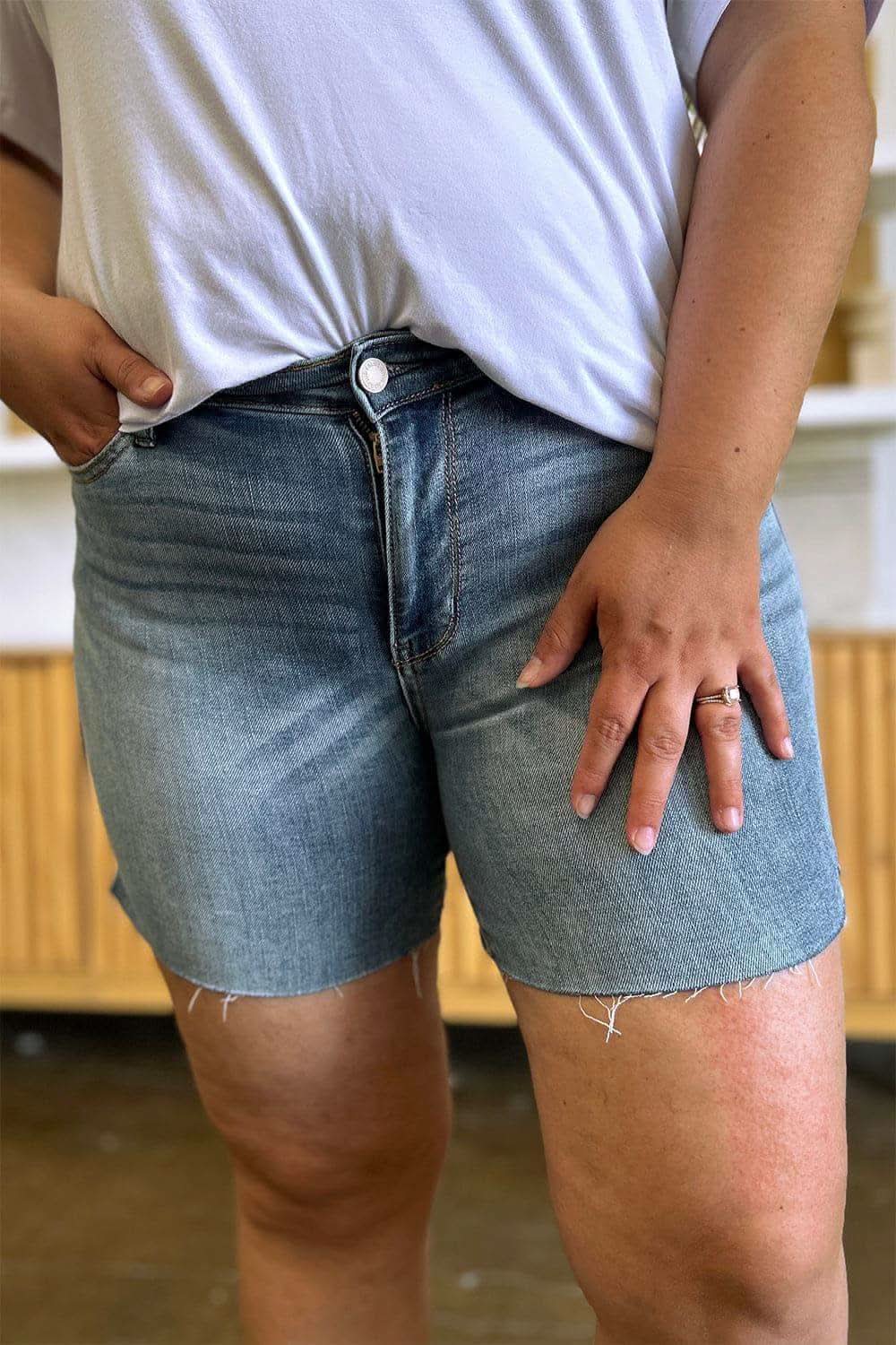 Judy Blue Full Size High Waist Raw Hem Denim Shorts in - Shorts photo