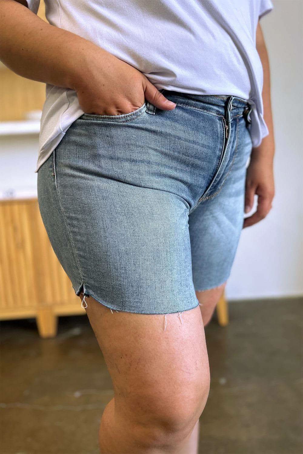 Judy Blue Full Size High Waist Raw Hem Denim Shorts in - Shorts photo