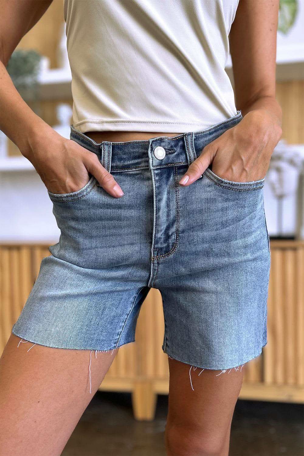 Judy Blue Full Size High Waist Raw Hem Denim Shorts in - Shorts photo