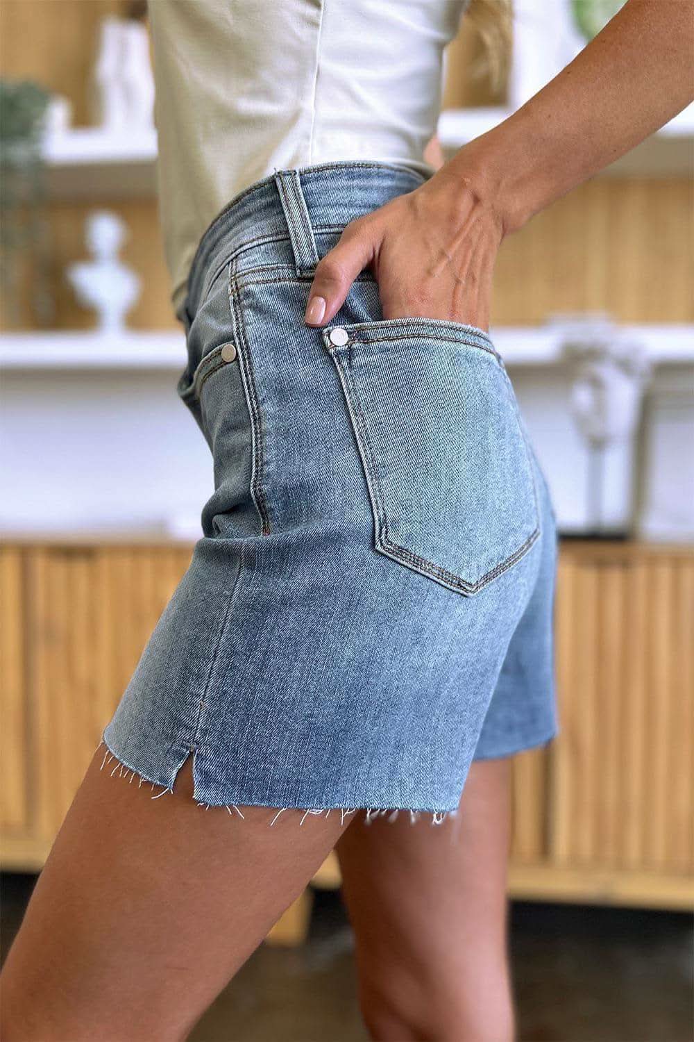 Judy Blue Full Size High Waist Raw Hem Denim Shorts in - Shorts photo
