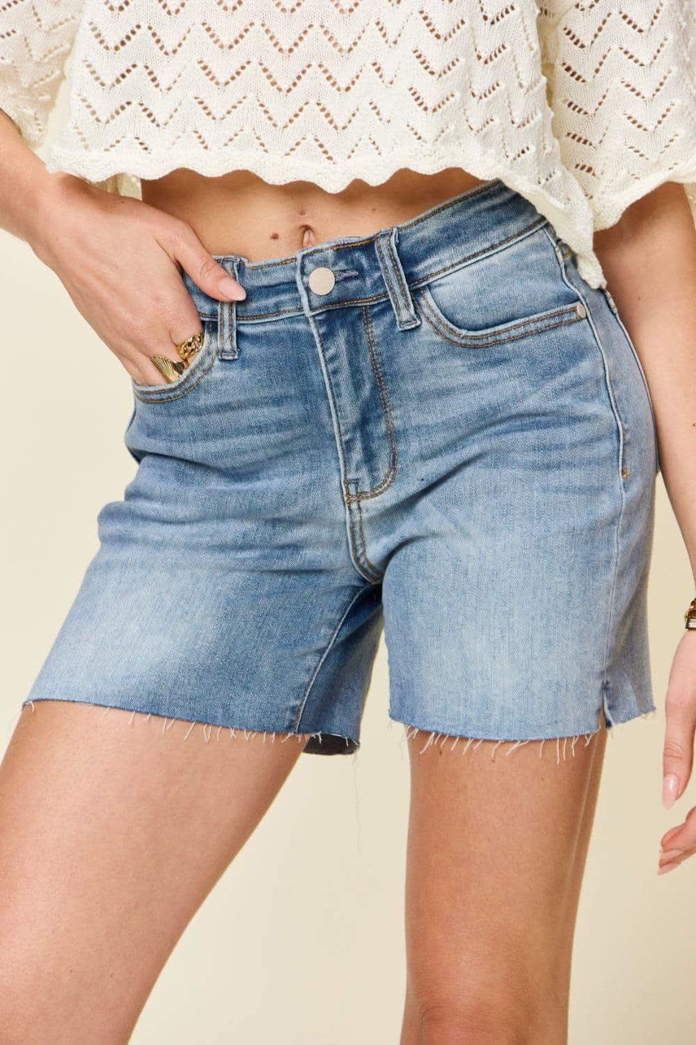Judy Blue Full Size High Waist Raw Hem Denim Shorts in Medium - Shorts photo