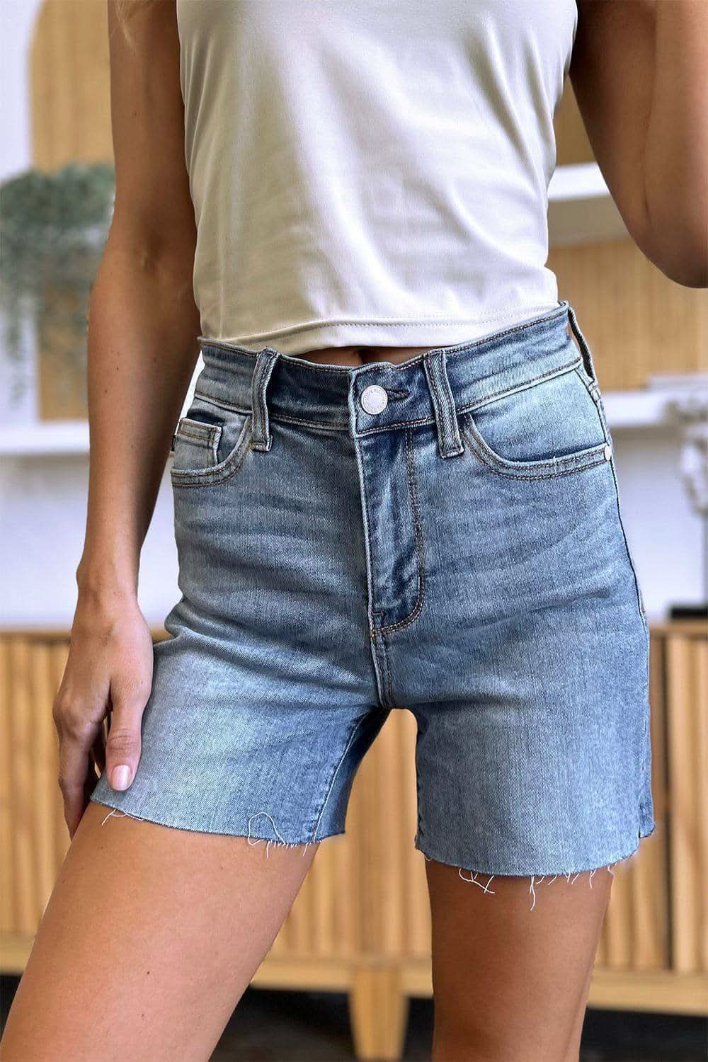 Judy Blue Full Size High Waist Raw Hem Denim Shorts in - Shorts photo