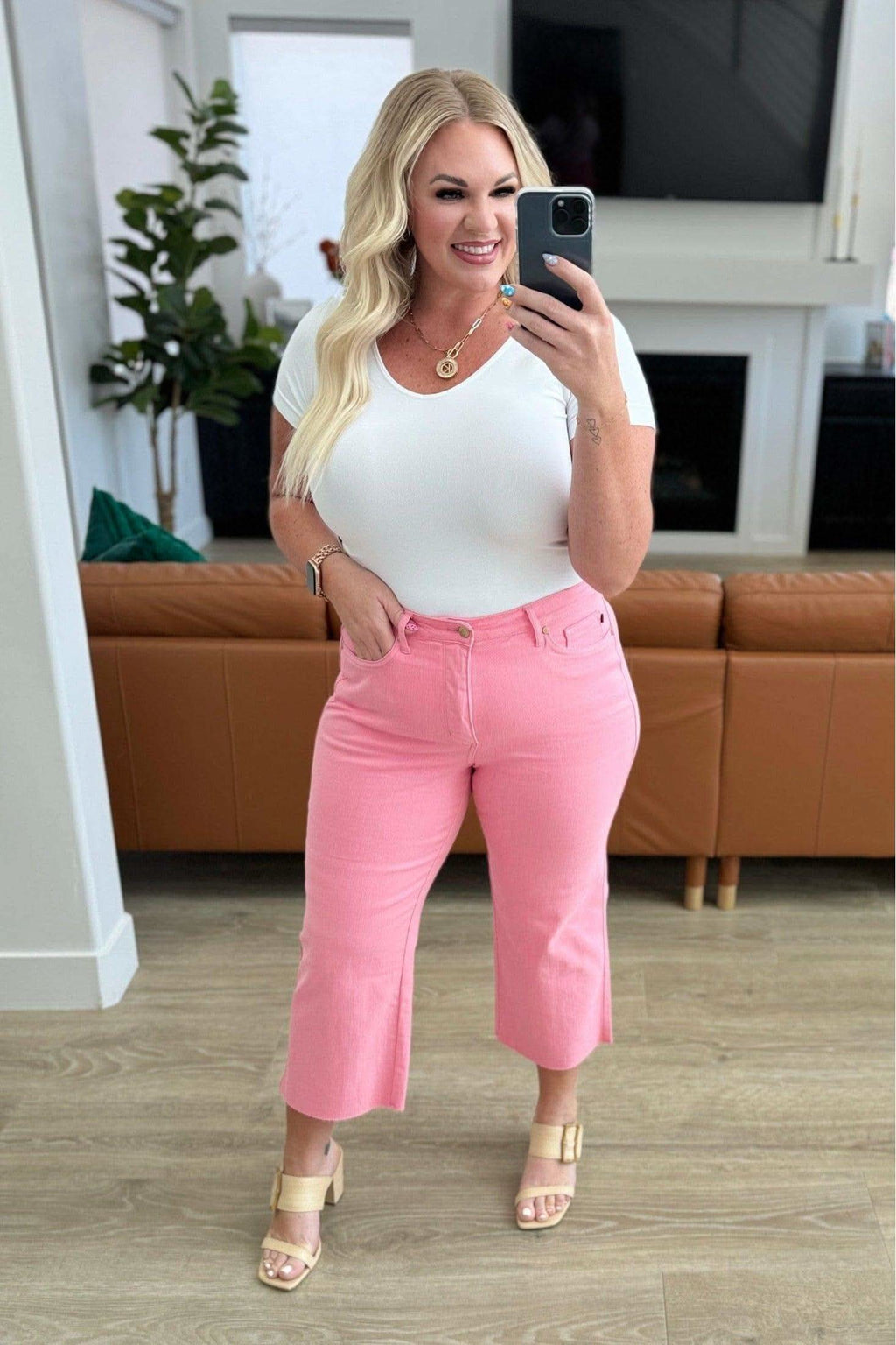 Judy Blue Lisa High Rise Control Top Wide Leg Crop Jeans in Pink in - Jeans photo
