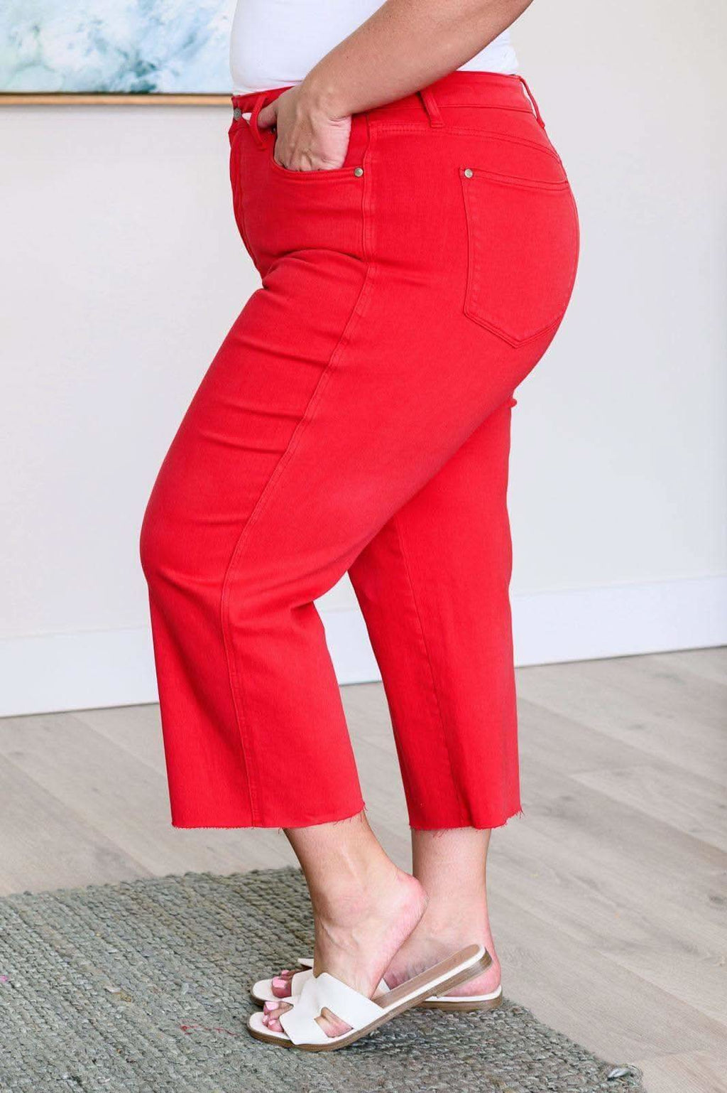 Judy Blue Lisa High Rise Control Top Wide Leg Crop Jeans in Red in - Denim photo