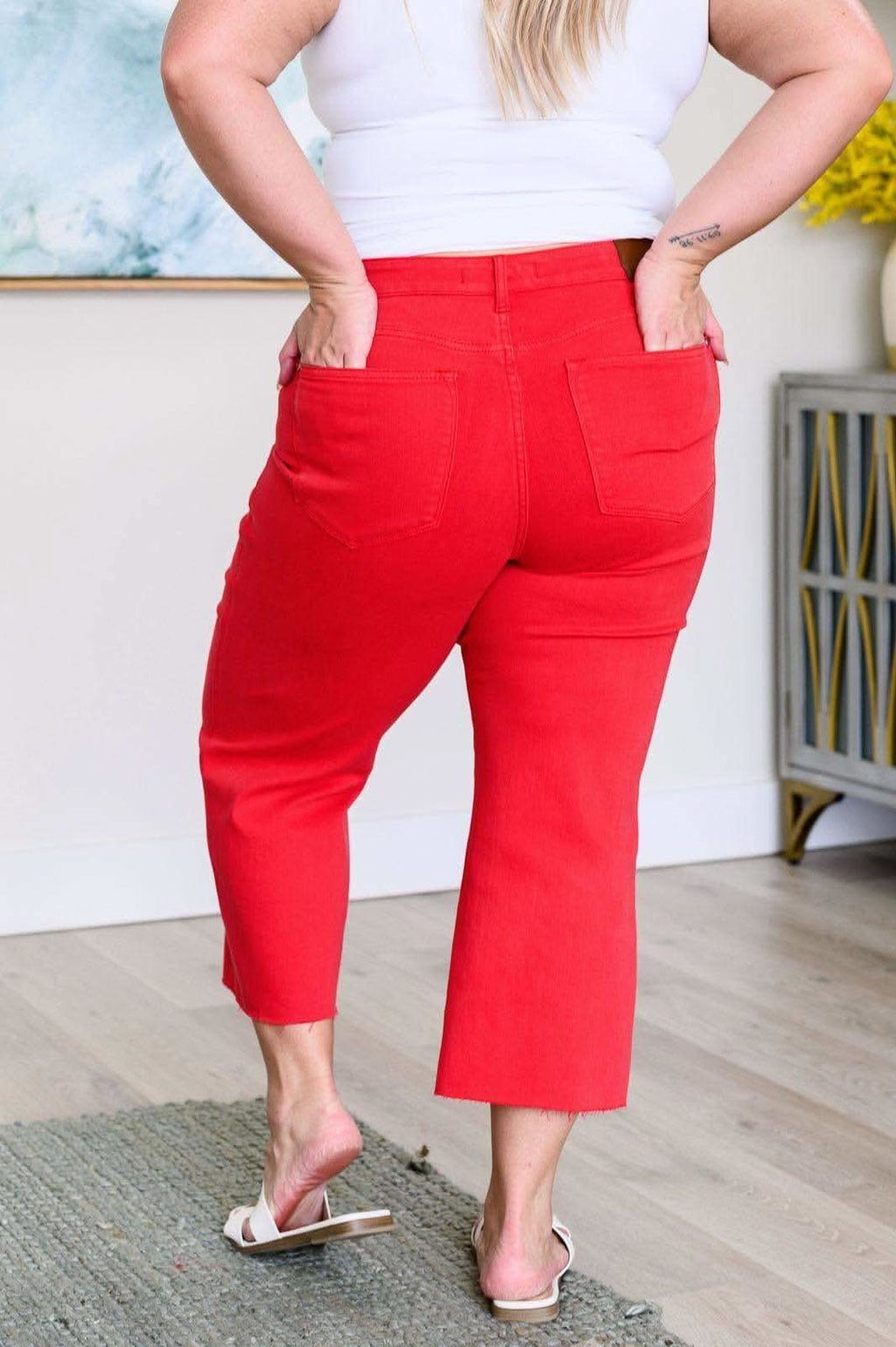 Judy Blue Lisa High Rise Control Top Wide Leg Crop Jeans in Red in - Denim photo
