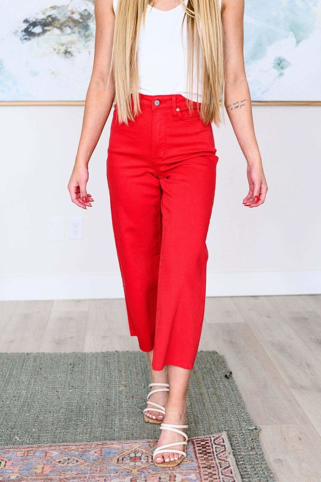 Judy Blue Lisa High Rise Control Top Wide Leg Crop Jeans in Red in - Denim photo