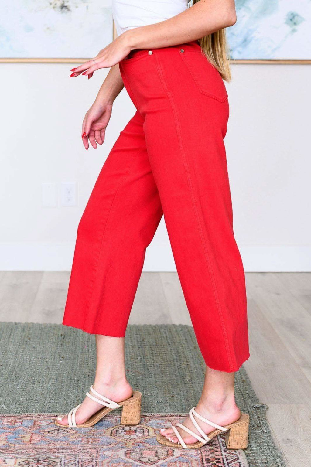 Judy Blue Lisa High Rise Control Top Wide Leg Crop Jeans in Red in - Denim photo