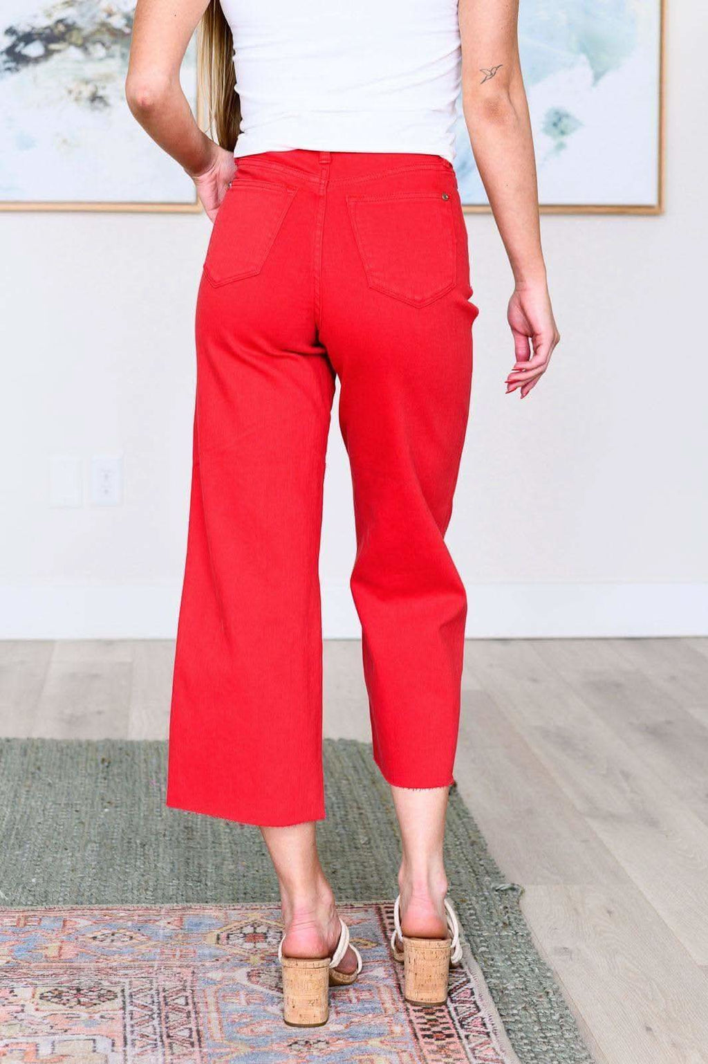 Judy Blue Lisa High Rise Control Top Wide Leg Crop Jeans in Red in - Denim photo