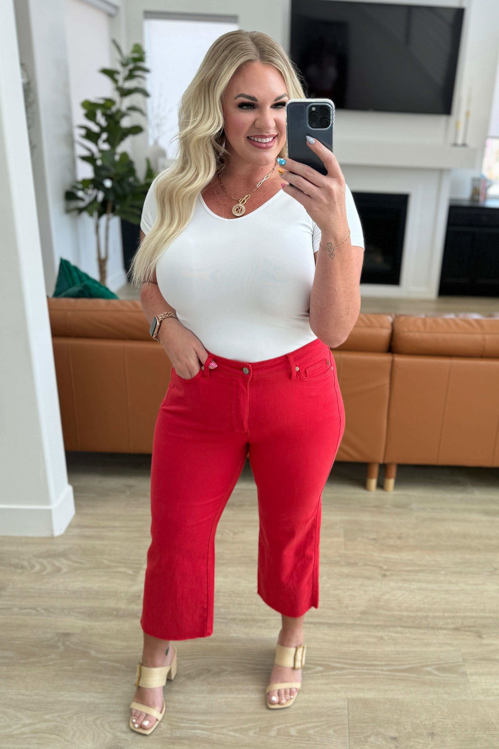 Judy Blue Lisa High Rise Control Top Wide Leg Crop Jeans in Red in - Denim photo