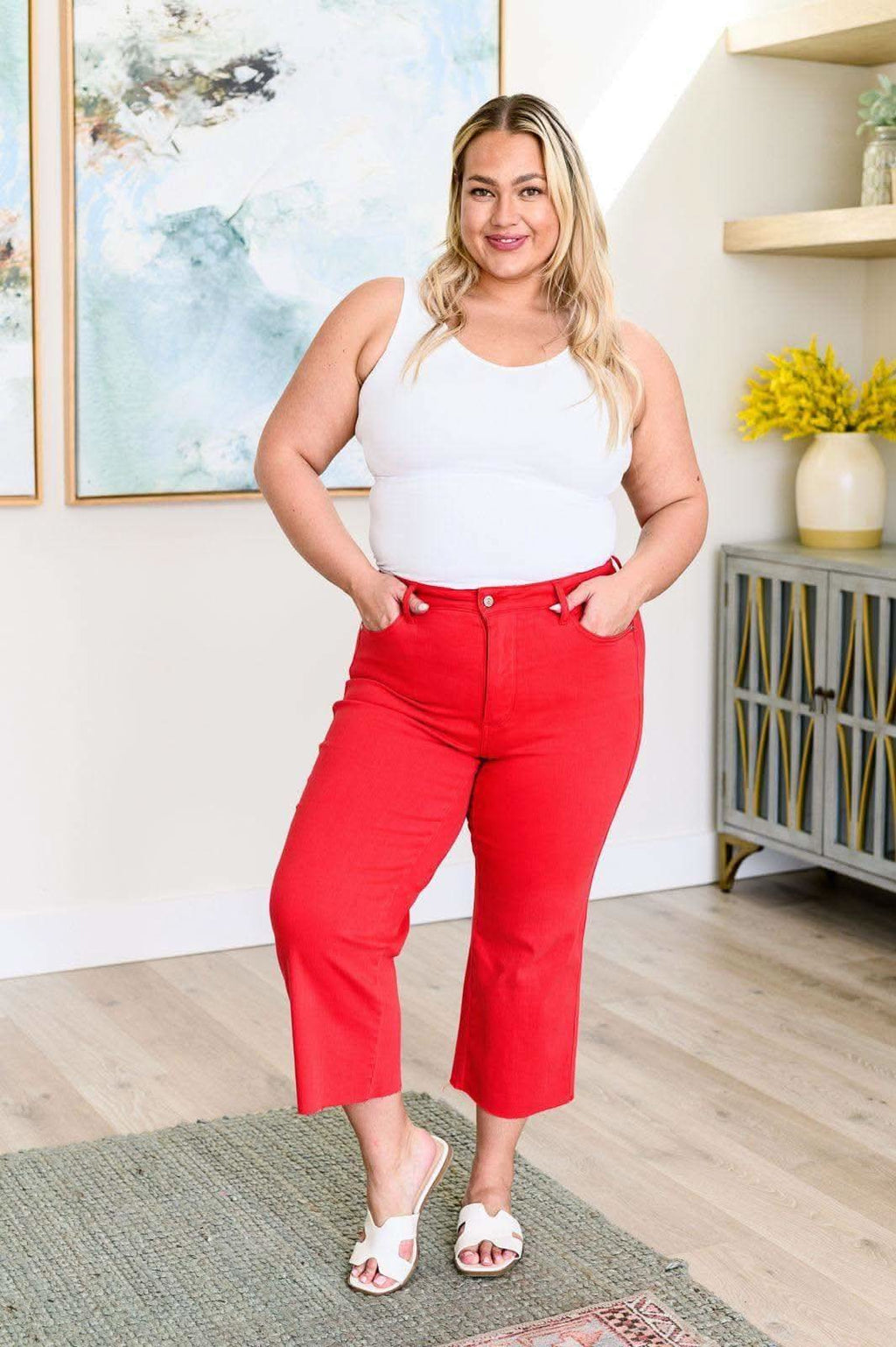 Judy Blue Lisa High Rise Control Top Wide Leg Crop Jeans in Red in - Denim photo