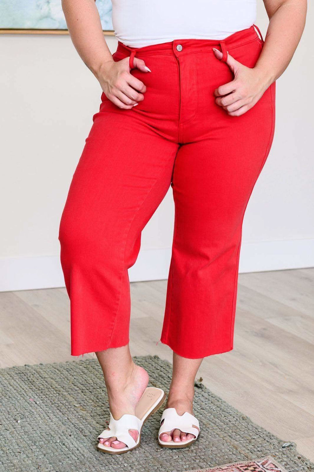 Judy Blue Lisa High Rise Control Top Wide Leg Crop Jeans in Red in - Denim photo