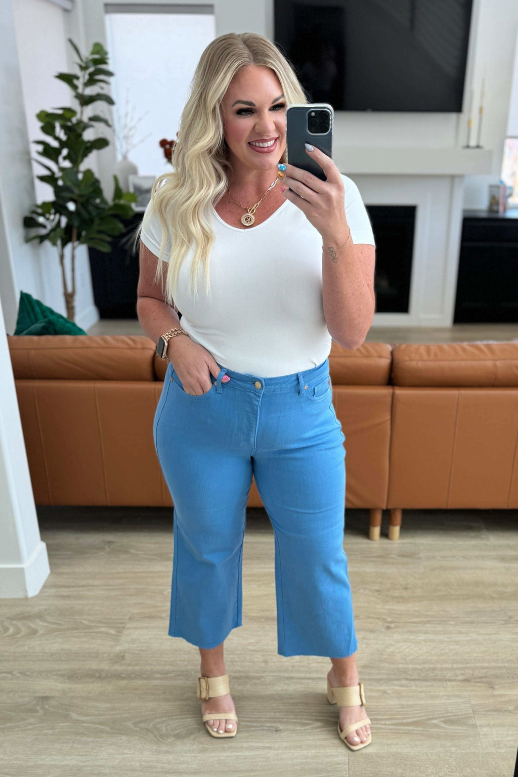 Judy Blue Lisa High Rise Control Top Wide Leg Crop Jeans in Sky Blue in - Denim photo