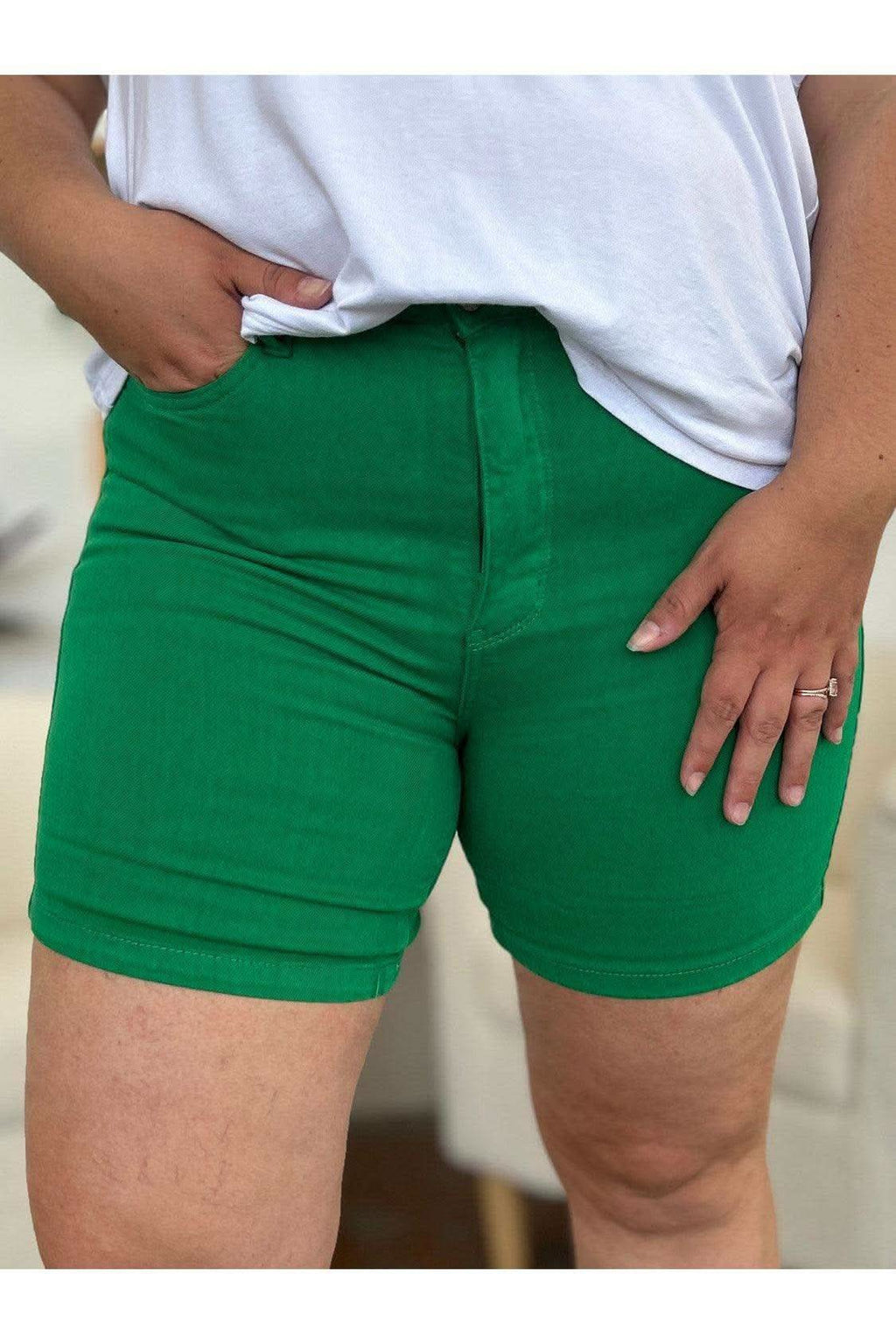 Judy Blue Tummy Control Garment Dyed Denim Shorts in K GREEN - Shorts photo