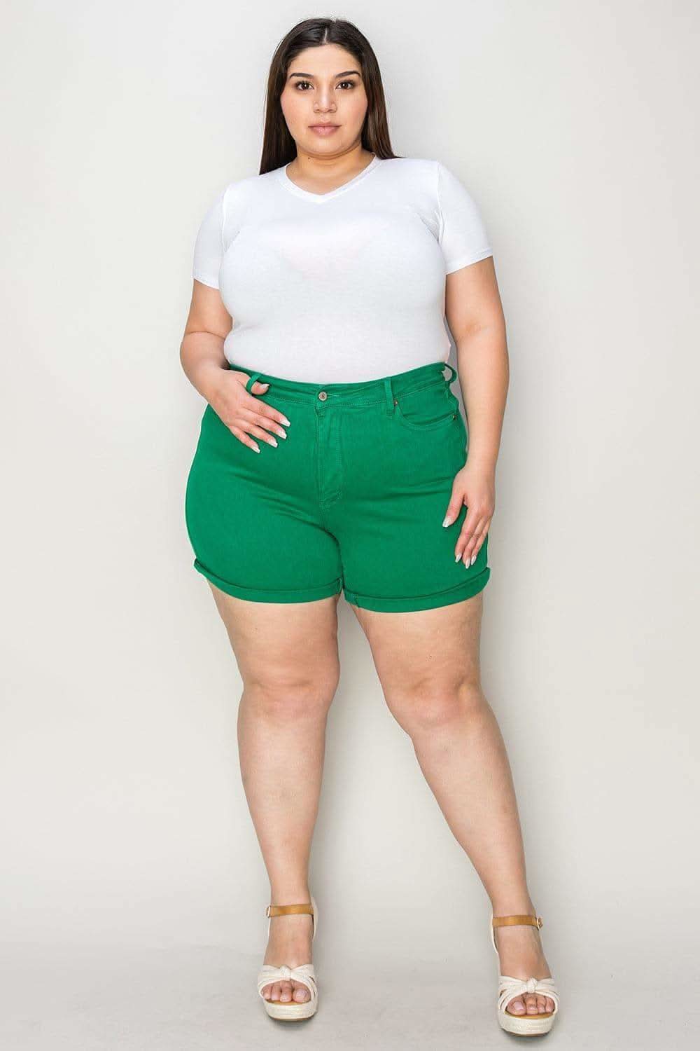 Judy Blue Tummy Control Garment Dyed Denim Shorts in K GREEN - Shorts photo