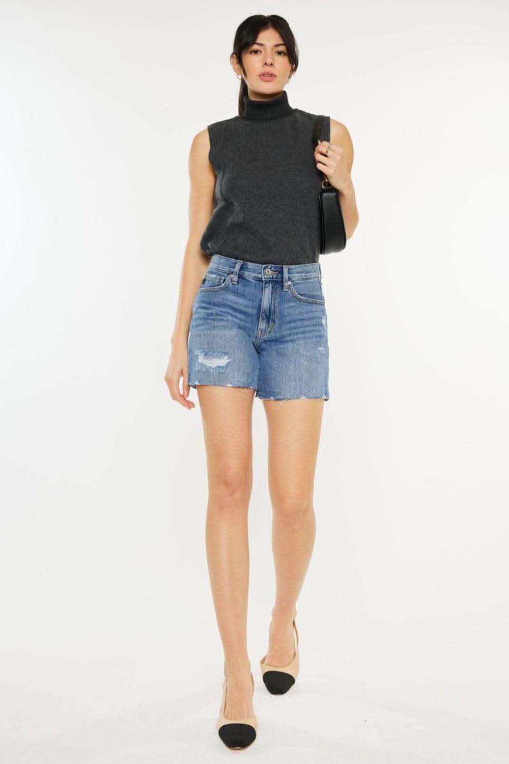 Kancan Distressed High Waist Denim Shorts in Medium - photo