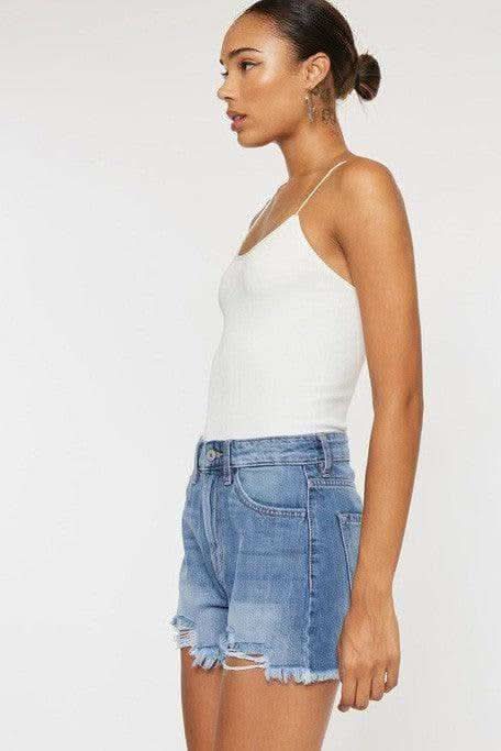 KANCAN High-Rise Mom Shorts with Raw Frayed Hem in - Shorts photo