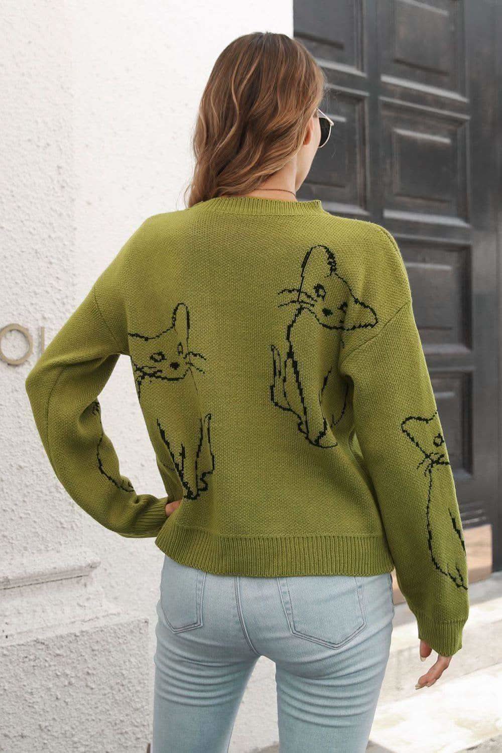 Katerina Cat Pattern Round Neck Long Sleeve Pullover Sweater - SwagglyLife Home & Fashion