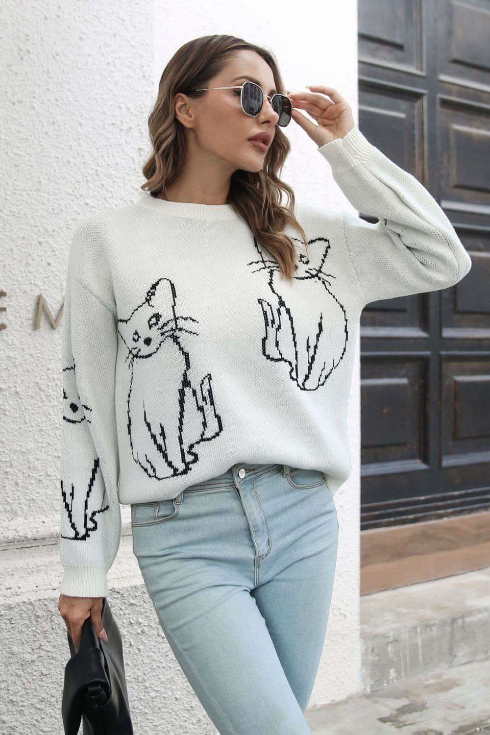 Katerina Cat Pattern Round Neck Long Sleeve Pullover Sweater - SwagglyLife Home & Fashion