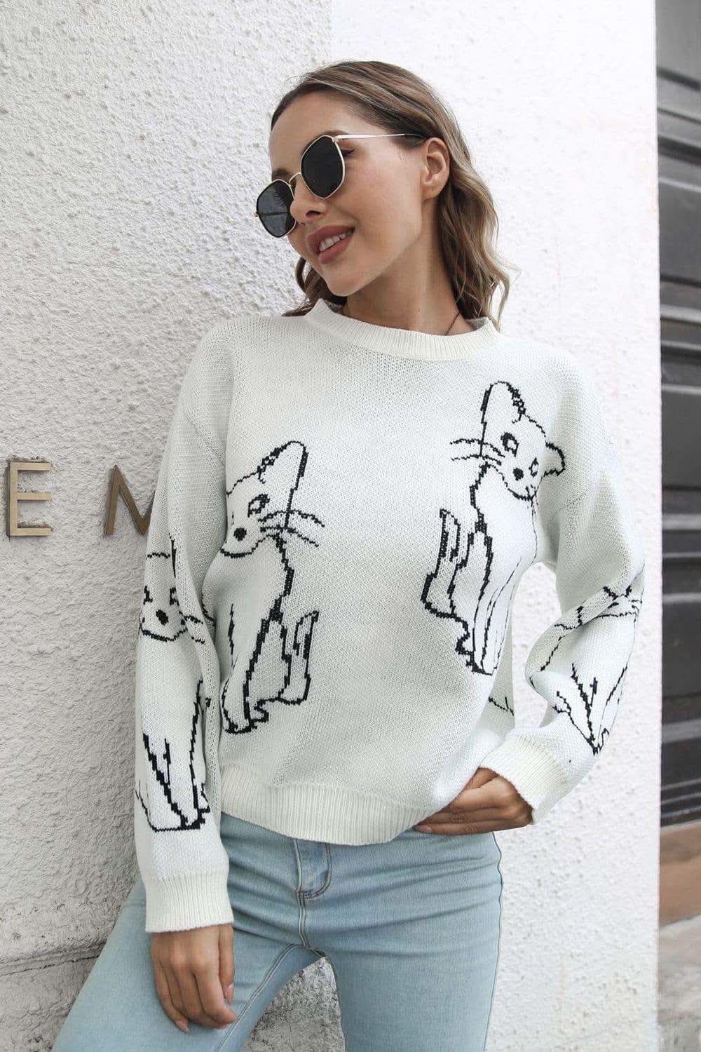 Katerina Cat Pattern Round Neck Long Sleeve Pullover Sweater - SwagglyLife Home & Fashion
