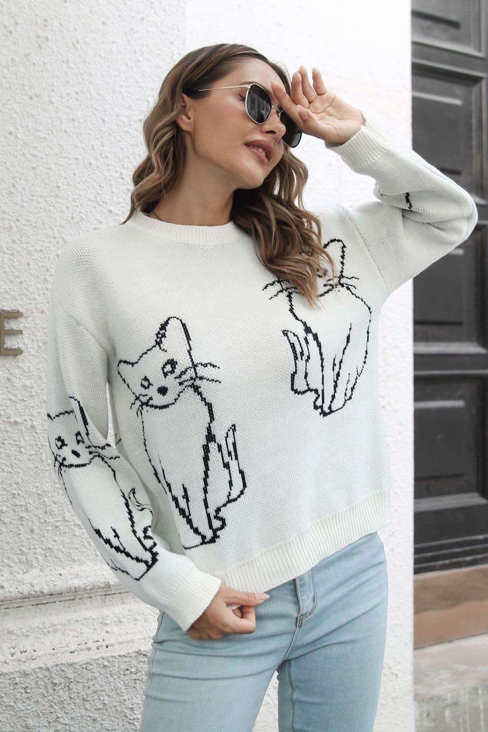 Katerina Cat Pattern Round Neck Long Sleeve Pullover Sweater - SwagglyLife Home & Fashion