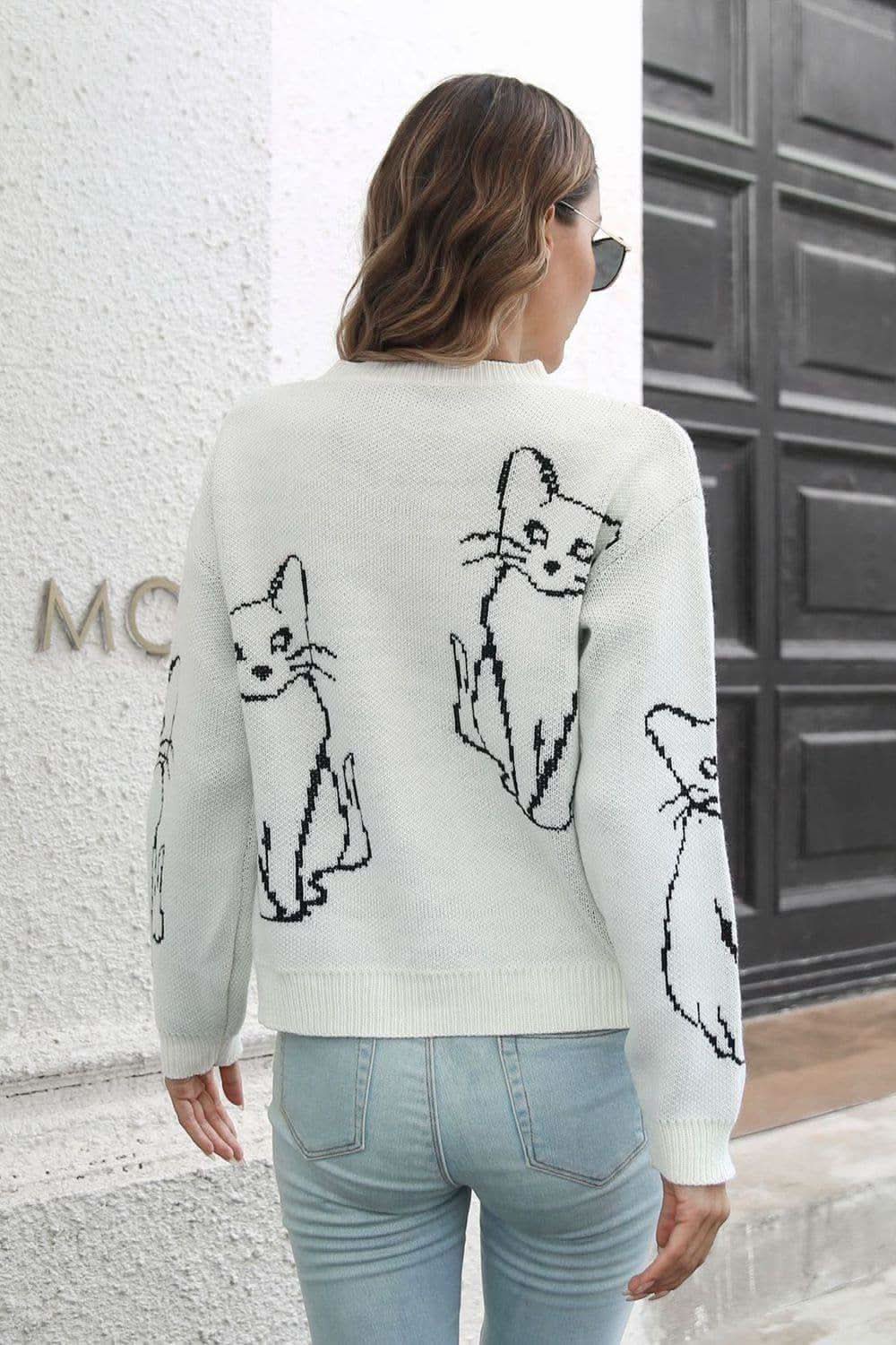 Katerina Cat Pattern Round Neck Long Sleeve Pullover Sweater - SwagglyLife Home & Fashion