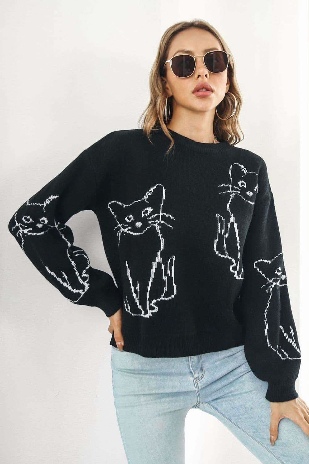 Katerina Cat Pattern Round Neck Long Sleeve Pullover Sweater - SwagglyLife Home & Fashion