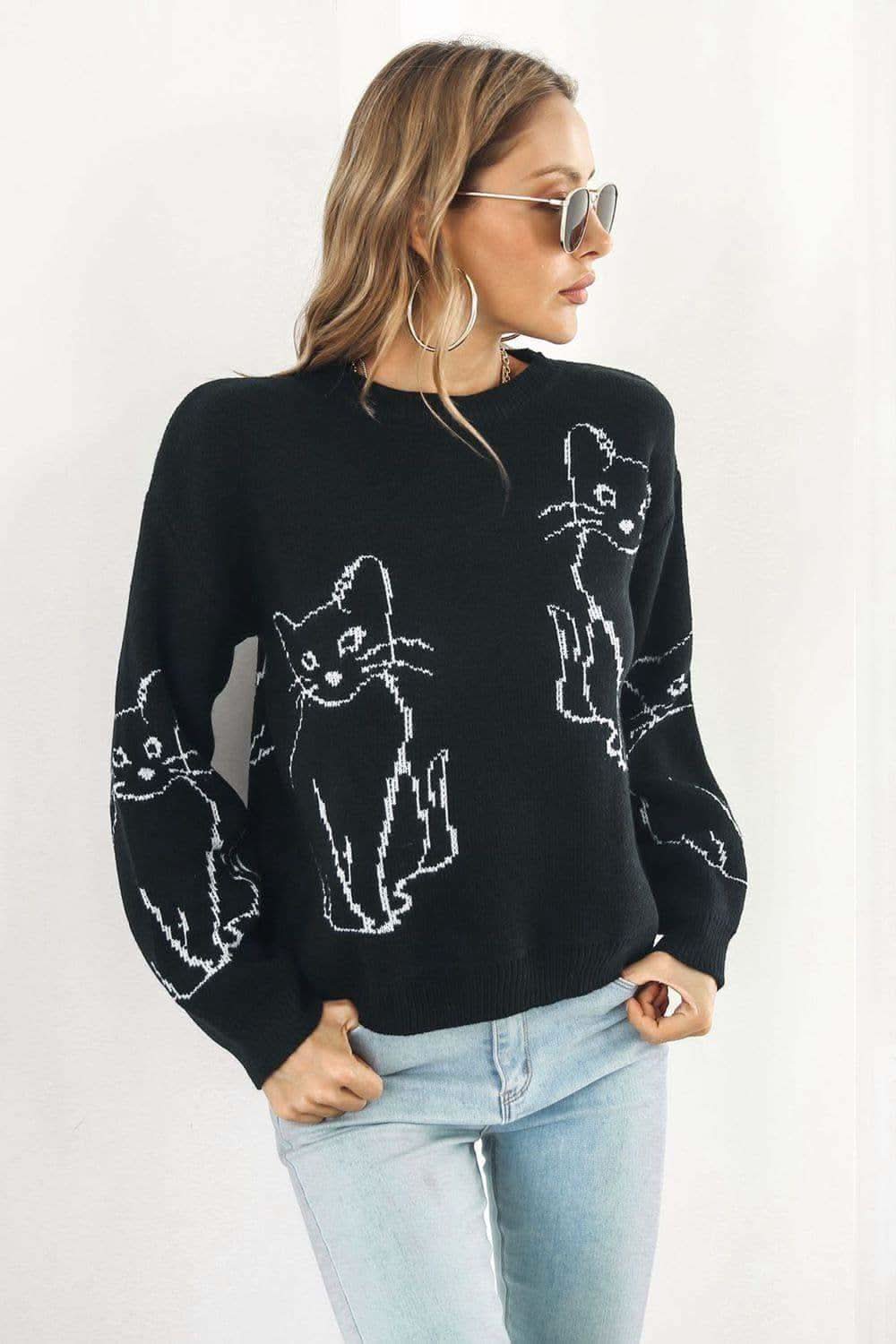 Katerina Cat Pattern Round Neck Long Sleeve Pullover Sweater - SwagglyLife Home & Fashion