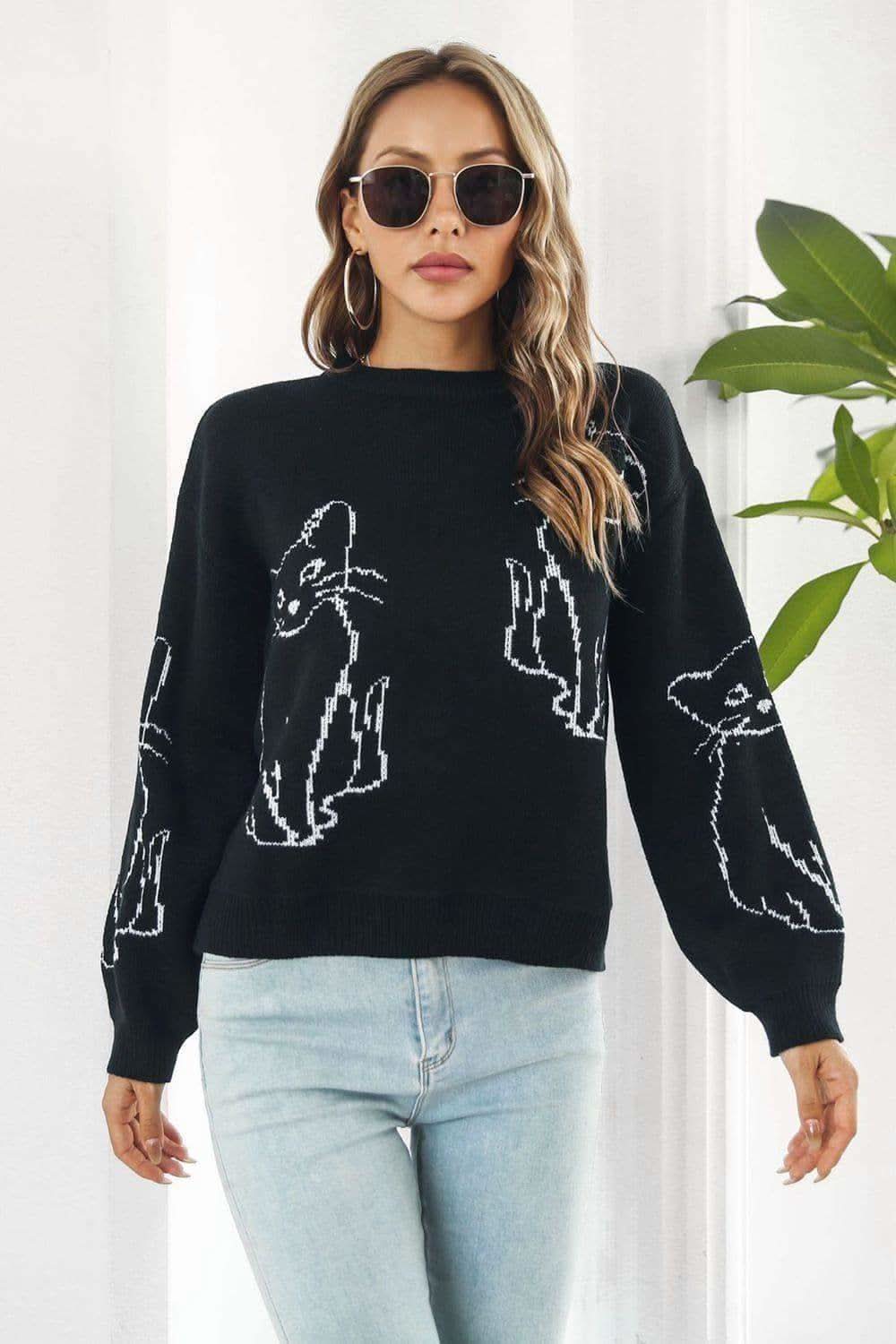 Katerina Cat Pattern Round Neck Long Sleeve Pullover Sweater - SwagglyLife Home & Fashion