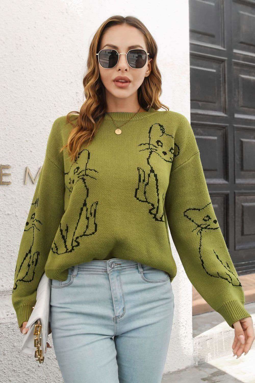 Katerina Cat Pattern Round Neck Long Sleeve Pullover Sweater - SwagglyLife Home & Fashion