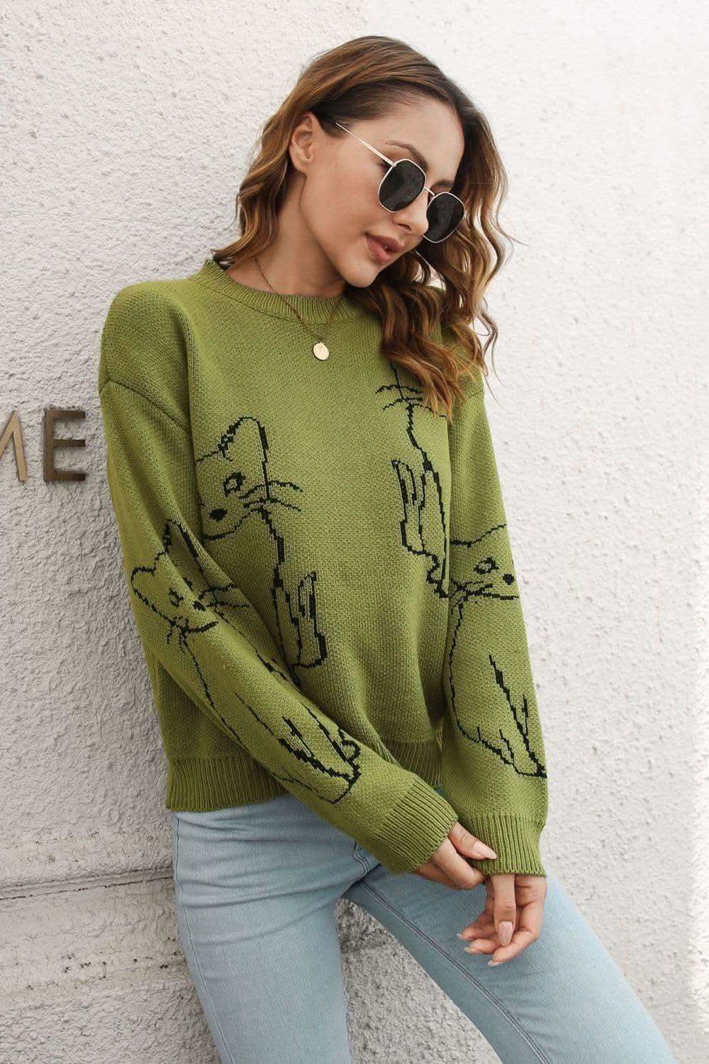 Katerina Cat Pattern Round Neck Long Sleeve Pullover Sweater - SwagglyLife Home & Fashion
