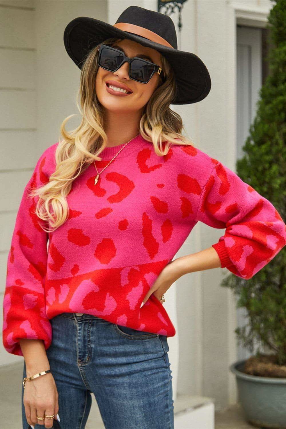 Leopard Round Neck Dropped Shoulder Sweater - SwagglyLife Home & Fashion