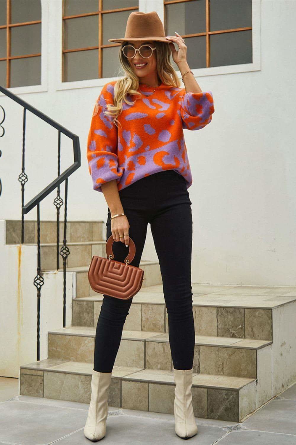 Leopard Round Neck Dropped Shoulder Sweater - SwagglyLife Home & Fashion