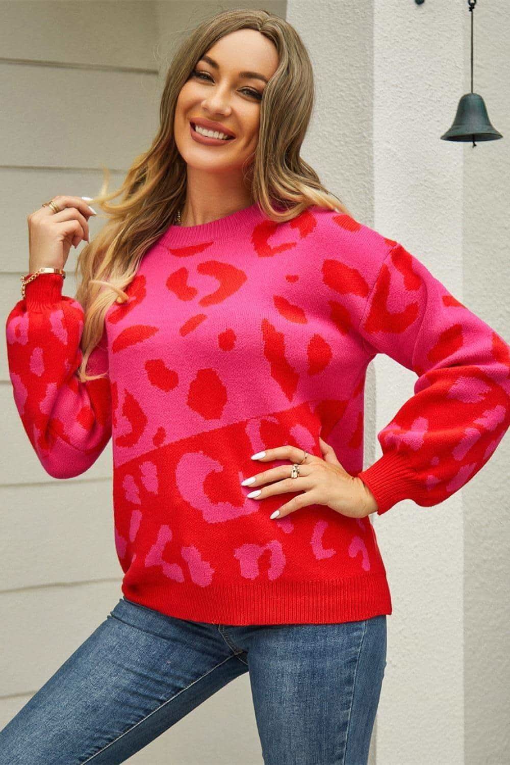 Leopard Round Neck Dropped Shoulder Sweater - SwagglyLife Home & Fashion