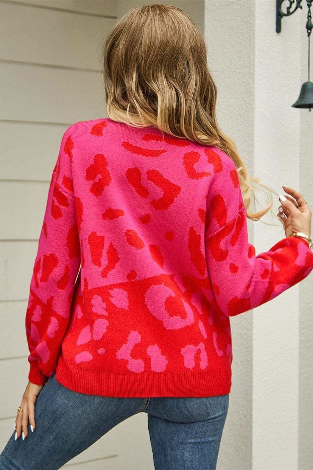 Leopard Round Neck Dropped Shoulder Sweater - SwagglyLife Home & Fashion
